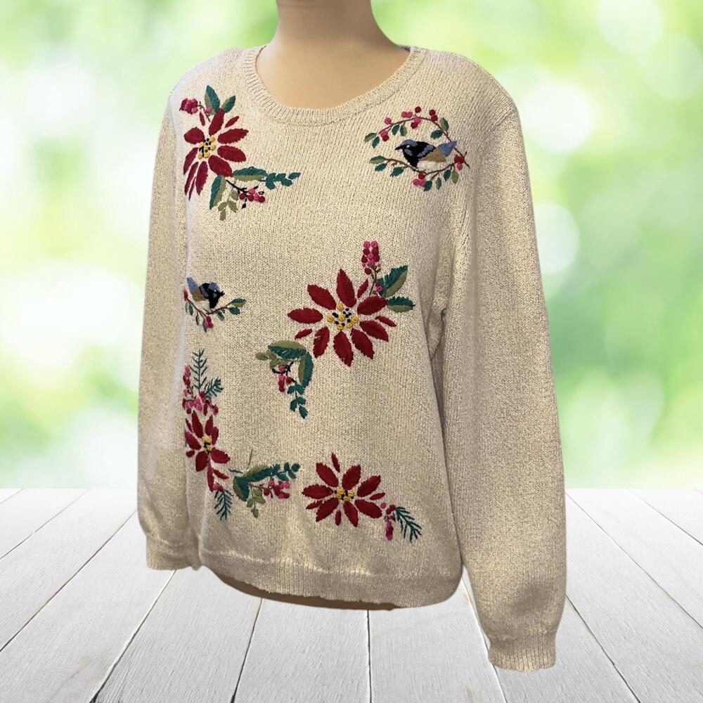 Vintage Embroidered Christmas Sweater Chickadee Poinsettia Birds Oatmeal Size M